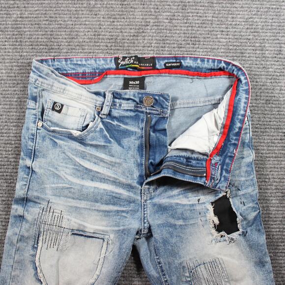 Switch Jeans Mens 30x30 Light Wash Slim Taper Distressed Patchwork - Picture 4 of 8